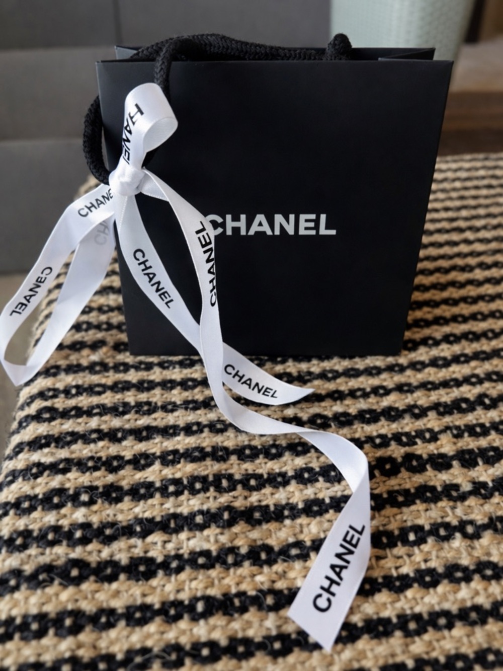 CHANEL Black Mini Gift Bag with White Logo